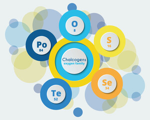Chalcogens. The oxygen family. Periodic system of elements. Beautiful vector color illustration. Poster on the theme of chemistry. Oxygen, sulfur, selenium, tellurium, polonium. 
