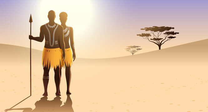 African man and woman with traditional body art and ethnic dress, standing on a sunny sandy landscape background and holding a spear. Massai tribe couple vector illustration.