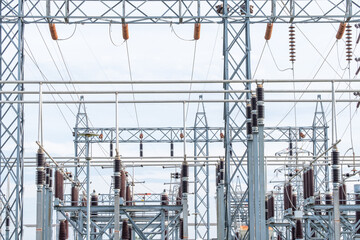 Many high voltage electrical insulators in power substation ,Energy supply to the community