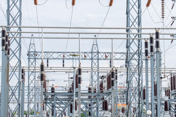Many high voltage electrical insulators in power substation ,Energy supply to the community