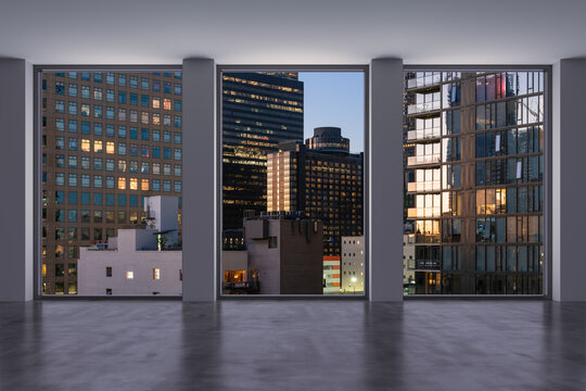 Downtown Los Angeles City Skyline Buildings from High Rise Window. Beautiful Expensive Real Estate overlooking. Epmty room Interior Skyscrapers View Cityscape. Night. 3d rendering.