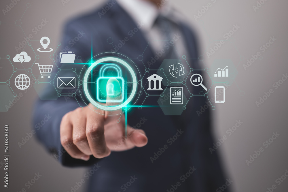 Poster Data security and privacy ideas. Internet network security and the lock icon. Virtual screen interfaces safeguard personal data.