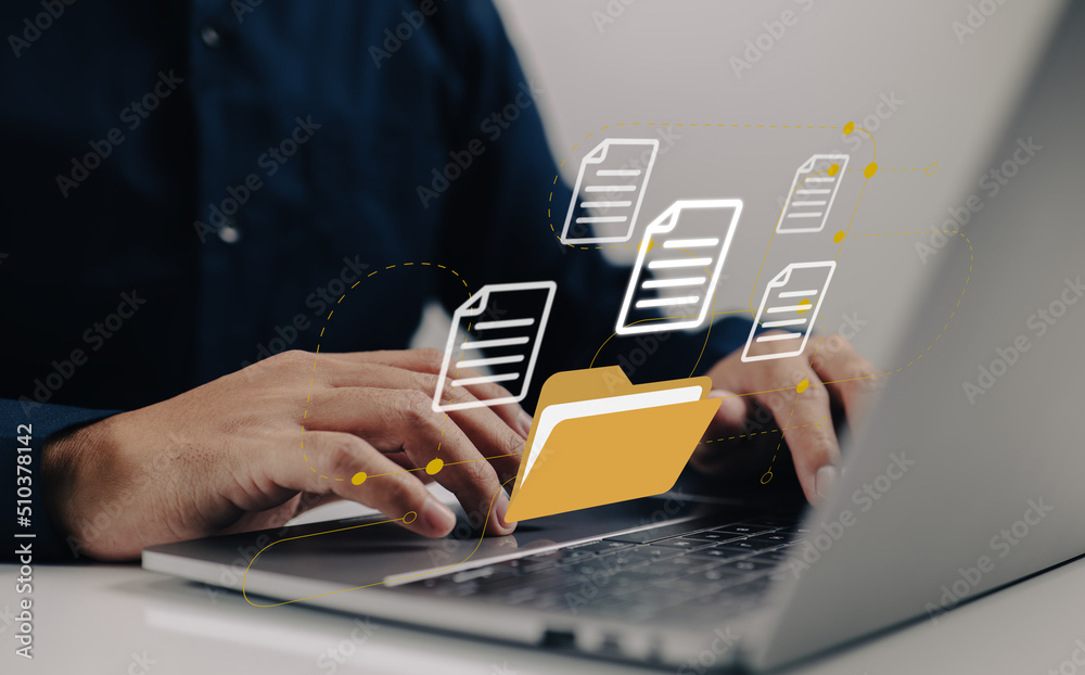 Fototapete Uploading documents from folder. Open File folder with flying blank documents with laptop computer. Data transfer backup, File Sharing, Document Transferring concept.