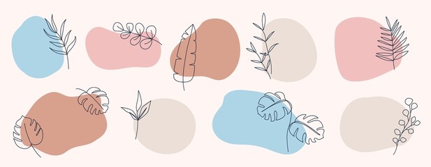 Modern botanical compositions with line art tropical leaves. Hand drawn boho elements for logo, fashion, highlights. Aesthetic contour exotic leaves, organic shapes. Neutral colors vector illustration