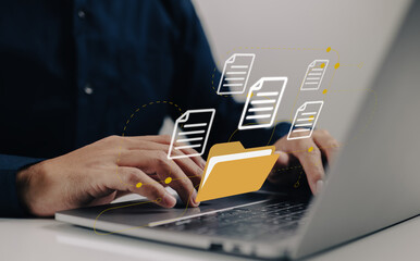 Uploading documents from folder. Open File folder with flying blank documents with laptop computer....