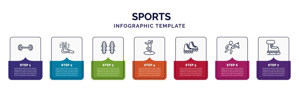 infographic template with icons and 7 options or steps. infographic for sports concept. included gym weight, sprained ankle, shin guards, dancer motion, roller skate, waiter falling, ski boots