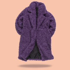 Lilac fur coat seems to levitate, sleeves in pockets, cast a shadow, concept