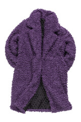 lilac fur coat made of faux fur, on a white background