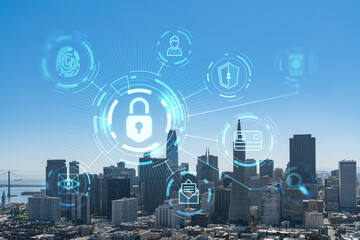 Plakat San Francisco skyline from Coit Tower to Financial District and residential neighborhoods, California, US. The concept of cyber security to protect confidential information, padlock hologram