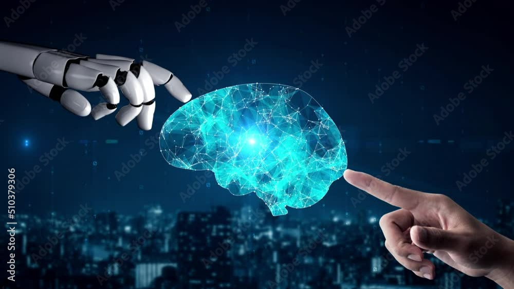 Poster futuristic robot artificial intelligence enlightening ai technology development and machine learning
