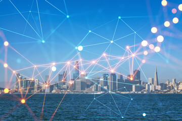 Panoramic city view of San Francisco skyline at sunrise from Treasure Island, California, United States. Social media hologram. Concept of networking and establishing new people connections