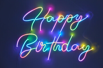 Colorful neon happy birthday. Trendy style. Happy Birthday  background. Neon sign. Custom neon....
