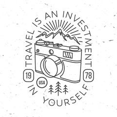 Travel is an investment in yourself. Vector illustration. Concept for shirt or logo, print, stamp or tee. Vintage line art design with retro photo camera and mountain. Camping quote.