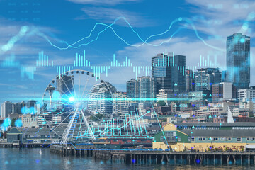 Naklejka na ściany i meble Seattle skyline with waterfront view. Skyscrapers of financial downtown at day time, Washington, USA. Forex graph hologram. The concept of internet trading, brokerage and fundamental analysis