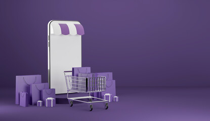 3d illustration. Using credit cards for shopping with banks and stores online on smartphone