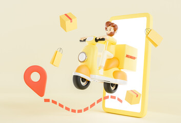 3d illustration.Online delivery service concept, delivery home and office by scooter and motorcycle