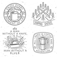 Set of travel inspirational quotes. Vector. Vintage line art design with retro camping tea kettle, pocket knife, camping tent and mug. Camping quote.