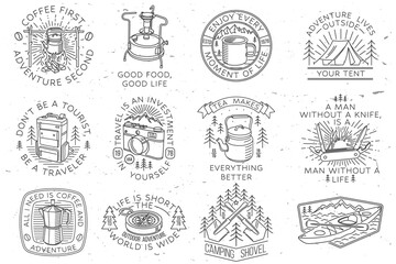 Set of camping badges, patches. Vector illustration Concept for shirt or logo, print, stamp or tee. Vintage line art design with camping equipment, forest, photo camera, primus, kettle, retro compass - obrazy, fototapety, plakaty