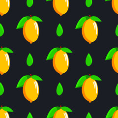 Bright yellow juicy lemons with green leaves. Seamless modern pattern with tropical fruits for textile. Black background. Vector.