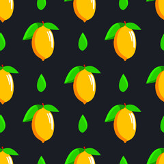 Bright yellow juicy lemons with green leaves. Seamless modern pattern with tropical fruits for textile. Black background. Vector.