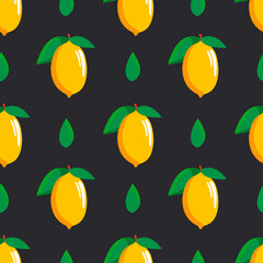 Bright yellow juicy lemons with green leaves. Seamless modern pattern with tropical fruits for textile. Black background. 