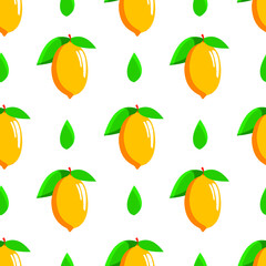 Bright yellow juicy lemons with green leaves. Seamless modern pattern with tropical fruits for textile. White background. Vector.