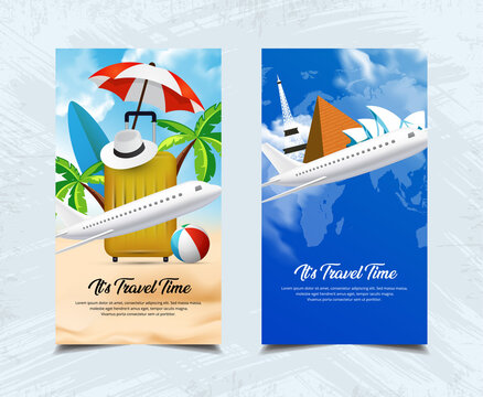 It's travel time design template stories collection  with sand beach, blue sky and plane vector.