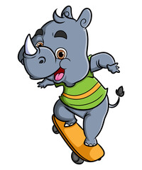 Fototapeta premium The cool rhinoceros is playing skateboard with happy expression