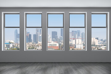 Downtown Los Angeles City Skyline Buildings from High Rise Window. Beautiful Expensive Real Estate overlooking. Epmty room Interior Skyscrapers View Cityscape. Day time. California. 3d rendering.