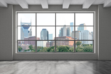 Naklejka na ściany i meble Downtown Nashville City Skyline Buildings from High Rise Window. Beautiful Expensive Real Estate overlooking. Epmty room Interior Skyscrapers View Cityscape. Day time Tennessee. 3d rendering.