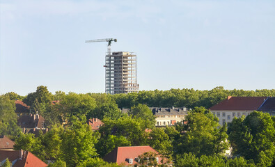 Szczecin cityscape with high rise building under construction, Poland.