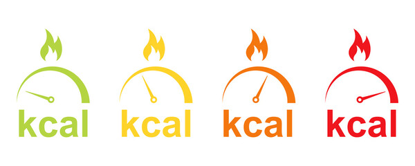 Kilocalories (kcal) icons with fat burn. Indicator burn fat from low to high. Scale with loss calorie. - obrazy, fototapety, plakaty