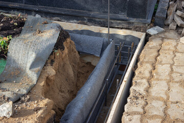 Improvement of burial sites. Bonded reinforcement prepared for pouring concrete - obrazy, fototapety, plakaty