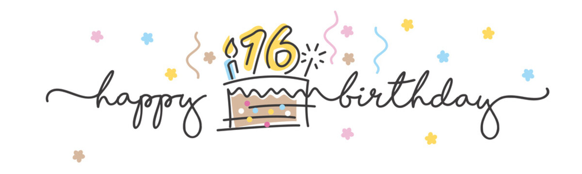 16th Birthday handwritten typography lettering Greeting card with colorful big cake, number, candle and confetti