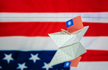 paper ship with national flag of China,  Taiwan and USA America, concept of military alliance security, independence conflict tensions, shipment or free trade agreement