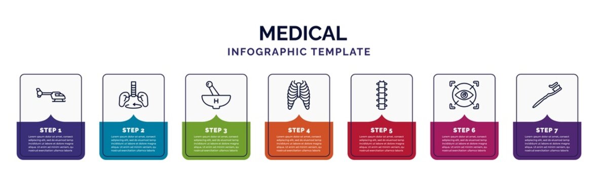 infographic template with icons and 7 options or steps. infographic for medical concept. included heliport, breath control, medicines bowl, sternum, vertebra, eye scanner medical, brush with tooth