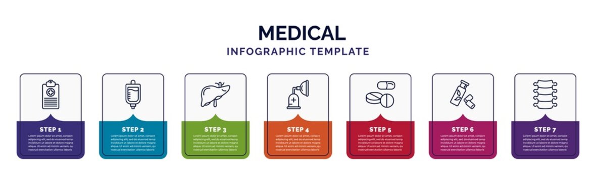 infographic template with icons and 7 options or steps. infographic for medical concept. included medical history, iv, liver, anesthesia, pill, gum, spinal column icons.