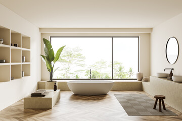 Light bathroom interior with bathtub, shelf with decoration and sink, window
