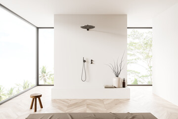 Light bathroom interior with douche and panoramic window