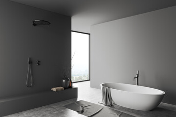 Grey bathroom interior with bathtub and douche. Mockup empty wall