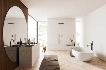 Light bathroom interior with bathtub, shower, sink and panoramic window - obrazy, fototapety, plakaty