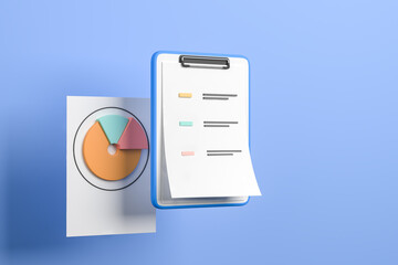 Clipboard with financial report on light blue background
