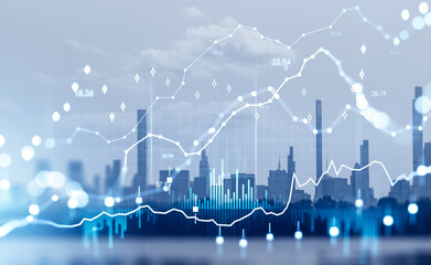 Forex graph chart with statistics, New York cityscape