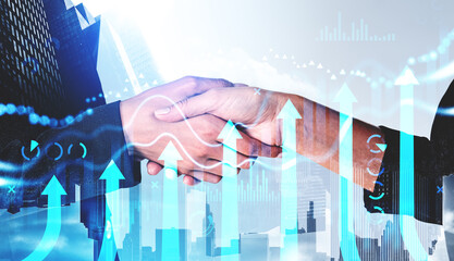 Business people handshake, stock market chart and rising arrows, cityscape