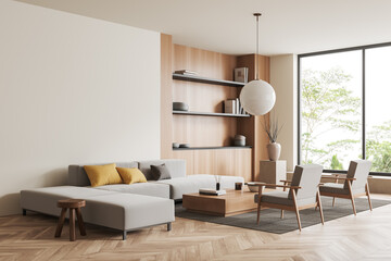 Light relax interior with couch, chairs and shelf near panoramic window, mockup