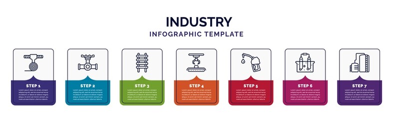 infographic template with icons and 7 options or steps. infographic for industry concept. included uncoiler, pipes, step ladder, hinery, fuel filling, electrolysis, oil tank icons.