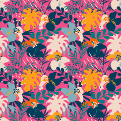 Tropical seamless pattern, nature design, raster version. Color floral background. Bright tropical leaf seamless pattern. Floral colorful design for fabric, wallpaper, interior and more