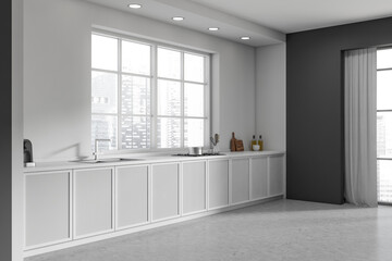 Fototapeta na wymiar Light cooking interior with shelves and appliances, panoramic window