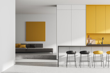 Light kitchen interior with sofa and countertop, chill zone and eating area