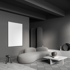 Chill room interior with couch and coffee table with decoration. Mockup frame